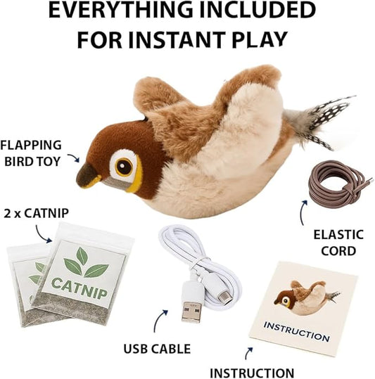 Toys Rechargeable Flapping Bird Sparrow, Lifelike Chirp Tweet, Touch Activated Kitten Toy Interactive Cat Exercise Toys for All Breeds Cat Kicker Catnip Toys (White Faced Sparrow)