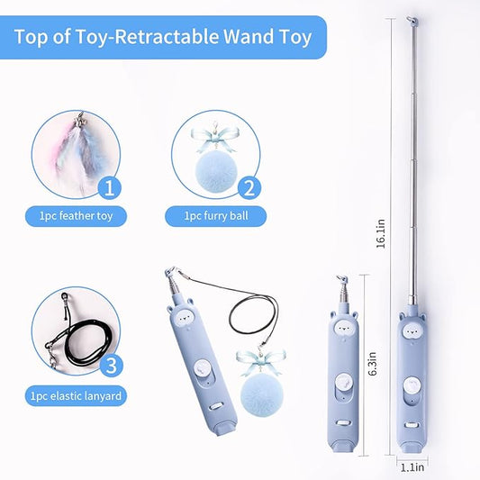 Cat Laser Toys, 2 in 1 Laser Pointer Cat Toys,Internative Cat Toys for Indoor Cats,3+5 Light Modes Cat Wand Toy, Retractable Cat Feather Toys, Long Range Kitten Toys,USB Rechargeable (Blue)