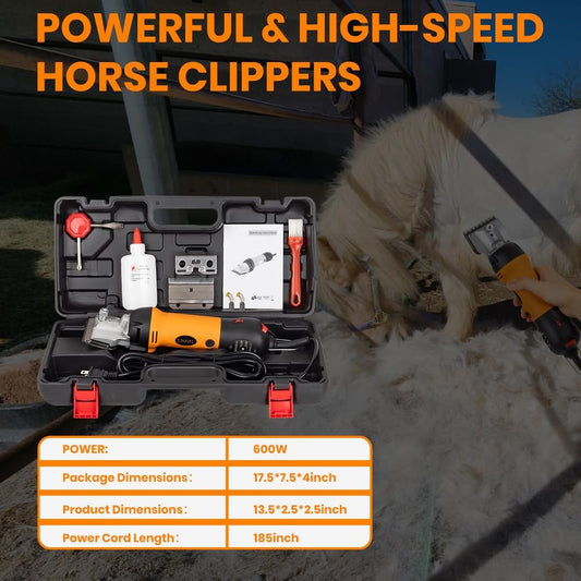 Horse Clippers Professional Electric horse Grooming Kit, Shaving Equine Clippers for Horses Goat Cattle Thick Coat Animals, 6 Speeds Large Heavy Duty Farm Livestock Haircut Trimmer (600W, 2 Blades)