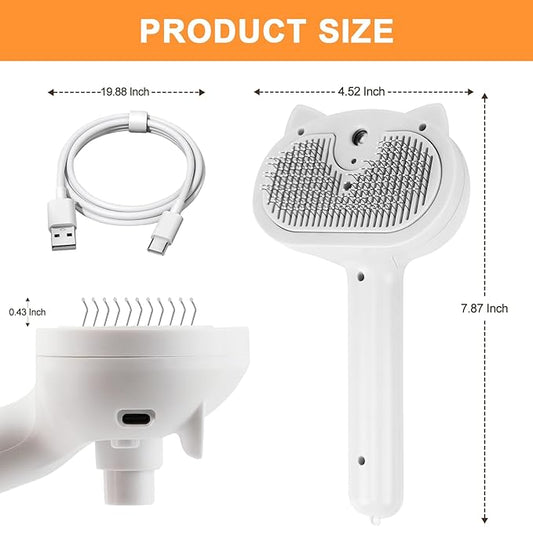 Cat Steam Brush for Shedding, 4 in 1 Steamy Cat Brush with Release Button, Self Cleaning Metal Pet Misting Hair Comb with Handle for Grooming Kitten Dog(White)