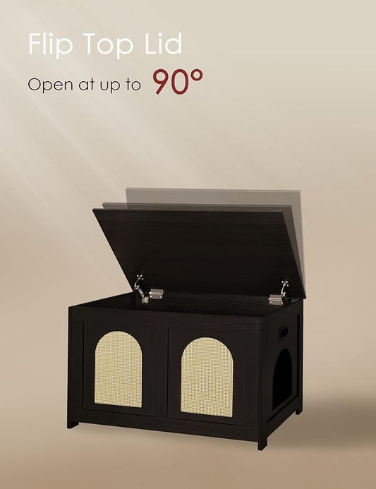 DINZI LVJ Cat Litter Box Enclosure, Flip Top Litter Box Furniture, Rattan-Like Hidden Cat Washroom, Wooden Pet House, End Side Table, 31.5"L x 19.7"W x 19.7"H, Easy to Assemble, Espresso with Rattan