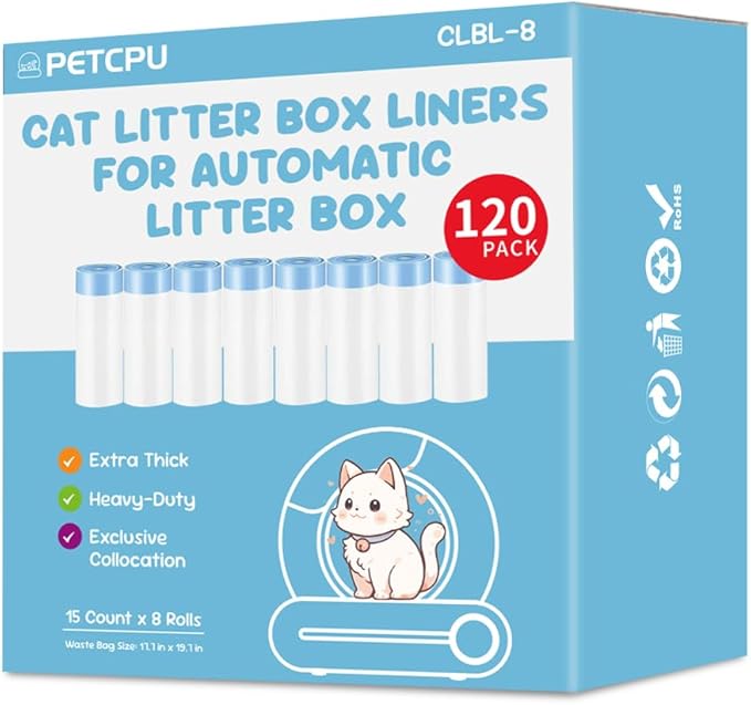 120 Count Cat Litter Box Liners for Self-Cleaning Cat Litter Box, Replacement Kitty Litter Liners, 8 Rolls Drawstring Waste Bags for Small Automatic Litter Boxs, 19.7 x 17.7 Inches(8 Packs/120 Counts)