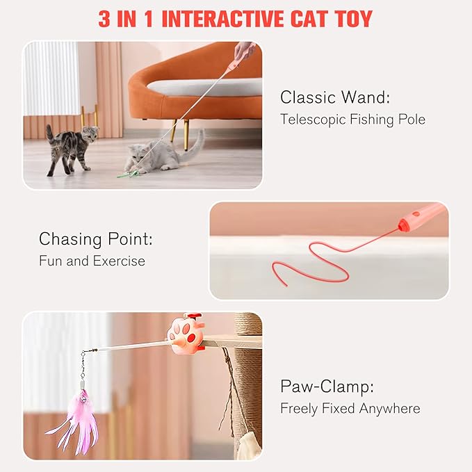 3-in-1 Retractable Cat Wand Toy for Indoor Cats