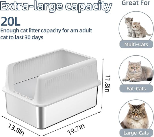 Stainless Steel Cat Litter Box with Lid,XL,19.7” L x 13.8” W x 11.8”H Deep,Large Metal Litter Box with High Side,for Small and Large Cats,Anti-Leakage Non-Sticky Easy Cleaning Include Litter Scoop