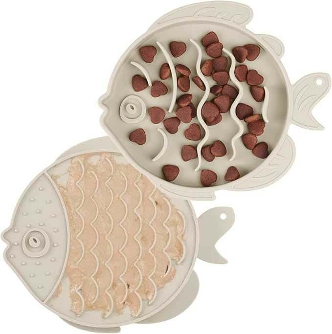 Coomazy 2-in-1 Silicone Slow Feeder Dog Cat Bowls, Lick Mat Interactive Puzzle Toy for Pets Food Training, Keeps Dogs Cats Busy, Prevents Puppy Kitty Overeating (Beige, 1.2 Cup)