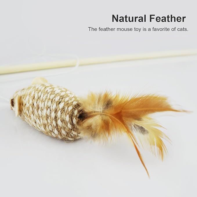 TTcat Cat Wand Toy for Indoor Cats, Natural Wood Cat Wand Toy with Feather Mice Toy,Interactive Cat Toy Kitten Toy for Indoor Cats to Play Chase Exercis