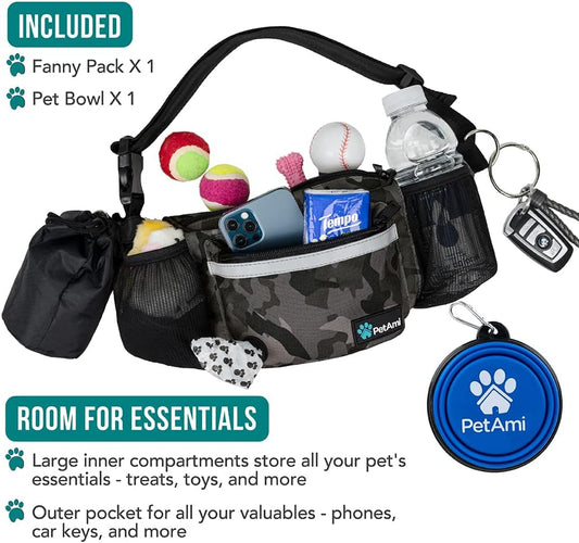 PetAmi Dog Fanny Pack, Treat Pouch for Dog Walking, Training, Built in Poop Bag Dispenser, Water Bottle Holder, Collapsible Bowl, Pet Treat Waist Belt for Hiking, Running, Kibbles (Camo Black)
