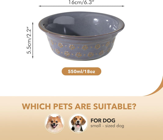 6.3inch Ceramic Set of 2 Dog Bowls, Food and Water Bowls for Small and Medium Dog, 2pcs Basic Dog Bowl, Wide Opening Rounded Edge (2 Bowls, Reactived Glaze -Grey)