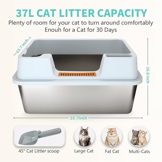 XL Stainless Steel Litter Box with Lid - 23.7"×15.7"×10.6" High Sided Metal Tray for Big/Multi-Cats, Anti-Leak Easy Clean Scoop & Foot Mat (Blue)