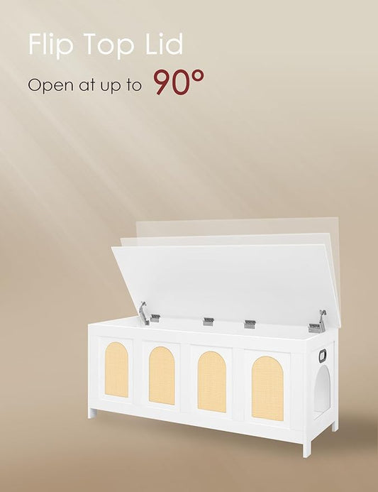 DINZI LVJ Cat Litter Box Enclosure, Flip Top Litter Box Furniture, Rattan-Like Hidden Cat Washroom, Wooden Pet House, End Side Table, 47.2" L x 18.7" W x 19.7" H, Easy to Assemble, White with Rattan