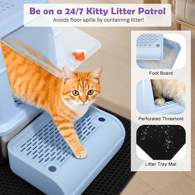 XL Stainless Steel Litter Box, Easy-Clean with Top Exit Design, Odor Control Litter Box with Fully Enclosed Design & Activated Charcoal Space, Trapping Box & Scoop Included (Blue)