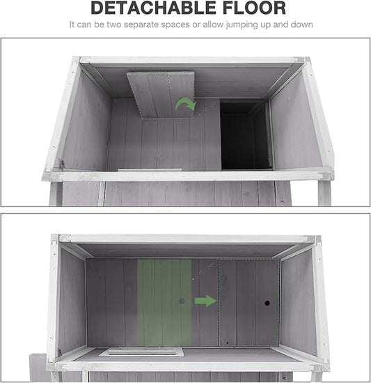 Outdoor Cat House with Large Balcony, Two-Story Cat Shelter with Waterproof Roof and Stairs, Wooden Feral Cat Home with Escape Door