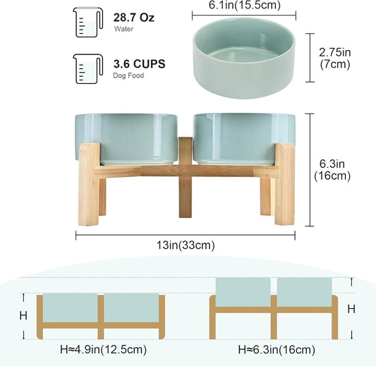 SPUNKYJUNKY Elevated Dog Bowls Ceramic, 6.1'' Dogs and Cat Food Water Bowls Raised with Non-Slip Bamboo Stand for Medium Sized Breed Microwave Dishwasher Safe - 28.7 OZ,Light Green