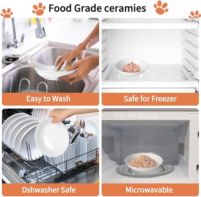 4-Pic Large Cat Bowls,No Spill,6.5" Cat Food Bowl,Anti Whisker Fatigue Healthy Ceramic Cats Dishes Set for Indoor Cats,Shallow Wide Kitten Plates for Food and Water,Non-Slip Silicone Bottom