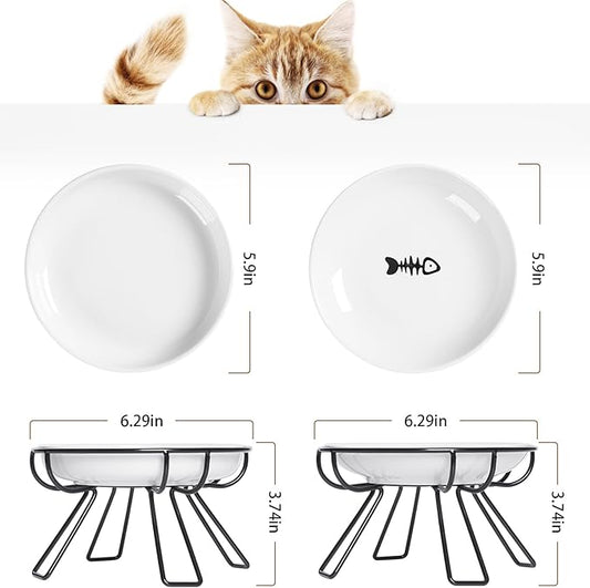 Presents The Ultimate Cat Dining Set: 5.9 inch Ceramic Water Bowl and Whisker-Friendly and Anti-Vomiting Plates.Elevated Bowl, Raised Ceramic Dish with Metal Stand
