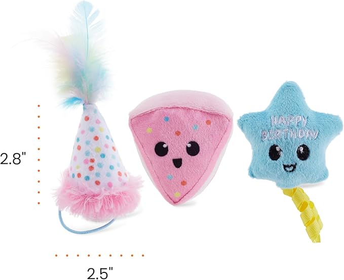 Catstages Happy Purrthday Cat Toys, 3-Pack Catnip Plush Toys with Crinkle, Feathers & Dental Mesh, Multicolored