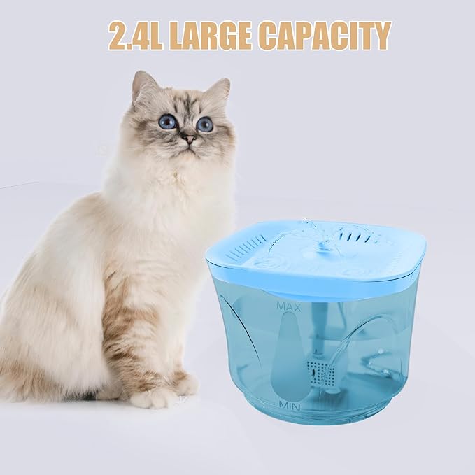 Cat Water Fountain - BOODIDI Ultra Silent Pet Drinking Fountain for Cats and Small Dogs, Indoor Water Fountain, 2.4L/2.5QT Capacity, with Replacement Filters (Blue)