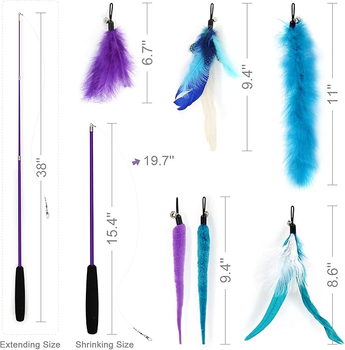 SONGWAY Interactive Cat Feather Toy Set - Retractable Teaser Wand with 6 Pcs Feather Refills with Bell, Cat Wand Toys for Indoor Cats Kittens Play Chase Exercise, Blue