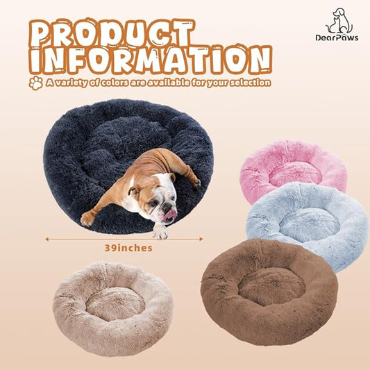 Comfy Dog Bed Large Size Dog - Donut Washable Large Pet Bed, 39 inches Anti-Slip Round Fluffy Plush Faux Fur Cat Bed, Fits up to 120 lbs Pets (Camel)