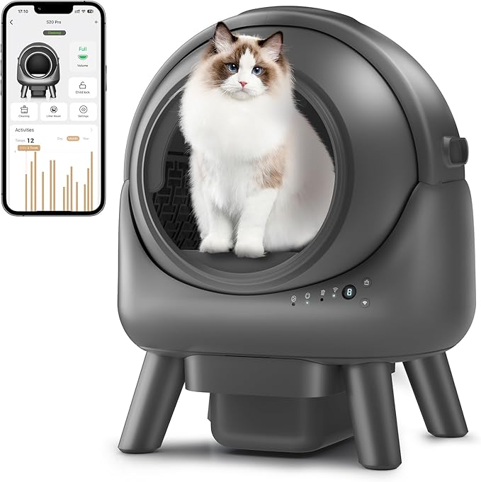 Self Cleaning Litter Box,Automatic Cat Litter Box for Multiple Cats,Robot with APP Control,Smart Dual Safety Protection,Odor-Free Waste Disposal Includes Trash Bags,Grey S20