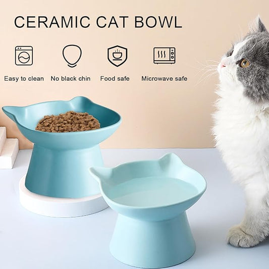 Ceramic Elevated Cat Bowl, Raised Cat Food Water Bowl for Indoor Cats with Stand, Titled Anti-Vomiting Cat Dish,Whisker Friendly, All Life Stage