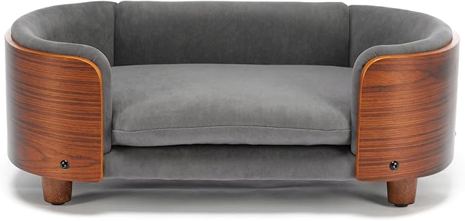 HomSof 26.38" Scandinavian Style Elevated Dog Cat Bed Pet Sofa with Solid Wood Legs and Bent Wood Back with Velvet Cushion,Small Size,Grey+Brown