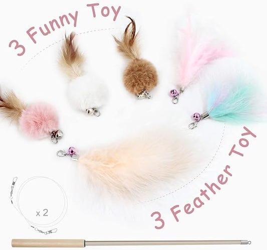 SONGWAY Interactive Cat Feather Toys - 7 PCS Cat Toys Set for Indoor Cats, Retractable Wand with Feather Tail Toy Refills, Kitten Toys Gift, Pink
