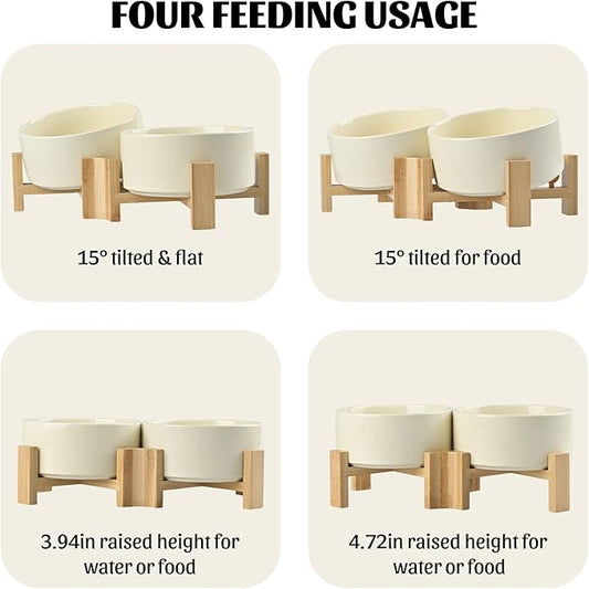 SPUNKYJUNKY 15° Slanted Ceramic Dog and Cat Bowl with Wooden Stand, Tilted Bulldog Food and Water Bowl No Slip Non-Spill for Cats Medium Dogs Big Face Pets 28.7 OZ (3.6 Cups, Beige × 2)