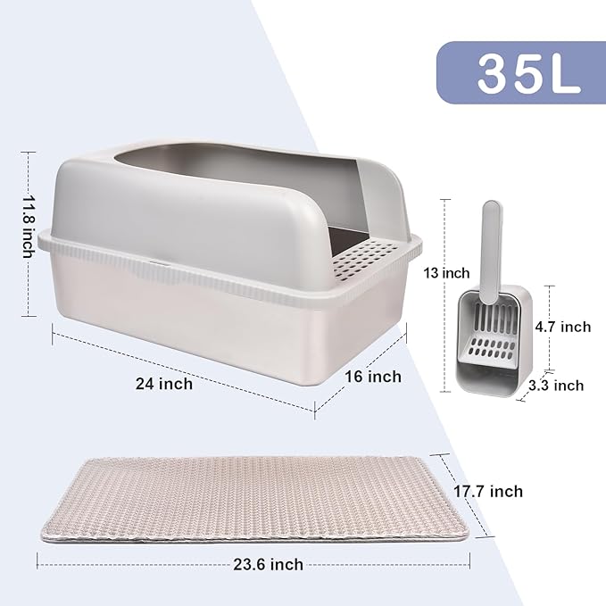 Stainless Steel Cat Litter Box with Lid, 24" L x 16" W x 11.8" H, Extra Large Litter Box for Big Cats with High Sided, Anti-Urine Leakage, Easy Cleaning, Include Cat Mat and Scoop