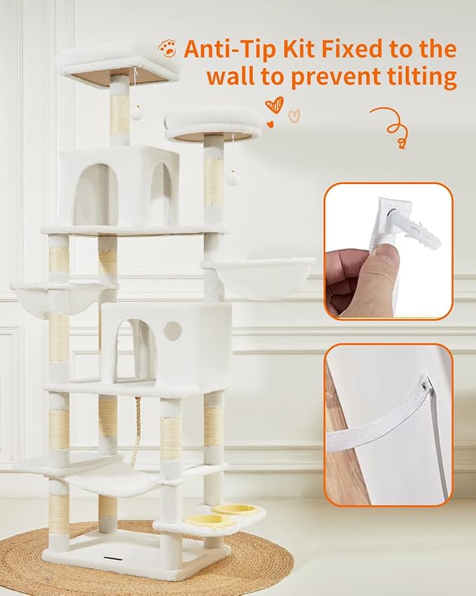 Taoqimiao 76-Inch Cat Tree Cat Tower for Indoor Cats, Plush Multi-Level Cat Condo with 12 Scratching Posts, 2 Perches, 2 Caves, Hammock, 2 Pompoms MS016C Cream White