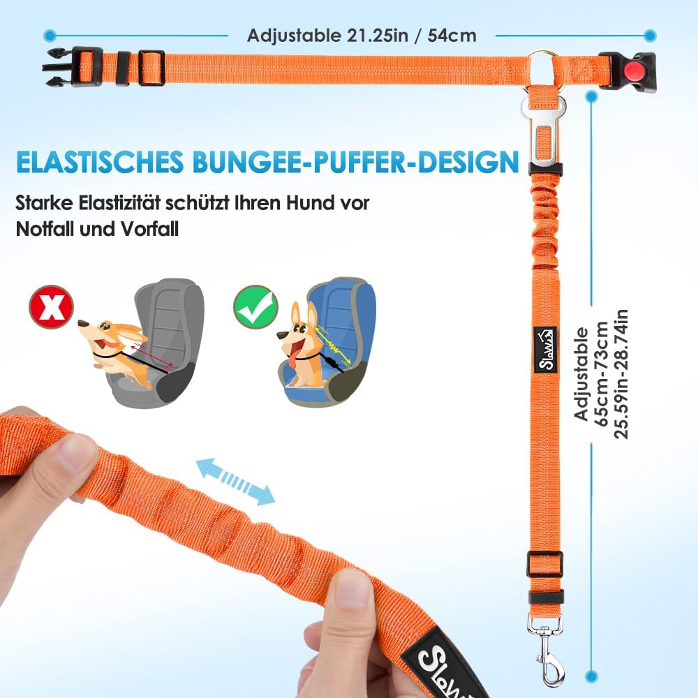 SlowTon Dog Seat Belt for Car, 2 Pack Dog Car Harness Seatbelt Adjustable with Elastic Bungee Buffer, 2 in 1 Pet Car Leash Headrest Restraint Dog Reflective Safety Tether (Orange, Headrest+Clip)