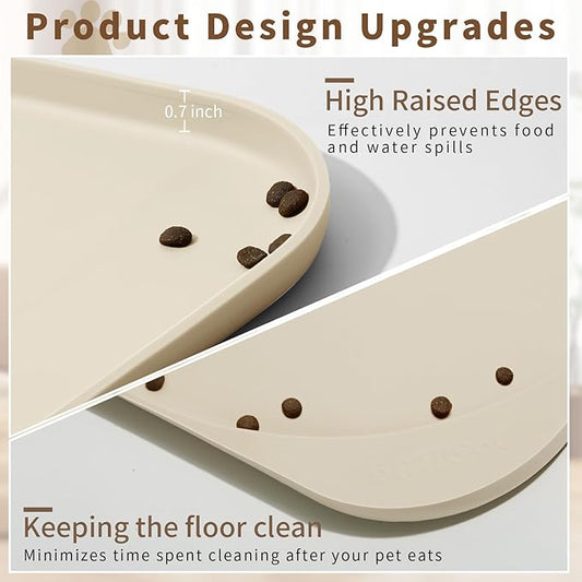 Silicone Pet Feeding Mat with Raised Edge & Residue Collection Pocket for Food and Water, Dog Bowl Mats, Cat Bowls Placemat with High Lip for Floor Waterproof, 19 x 12 x 0.7 White Sand