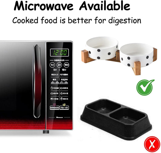 Petygooing Dog Bowls Ceramic, Cat Dog Bowl Set with Wood Stand for Food and Water,Non-Slip Cute Modern Pet Dishes for Cats Medium Size Dogs (28OZ/6.1 in) Black Dot