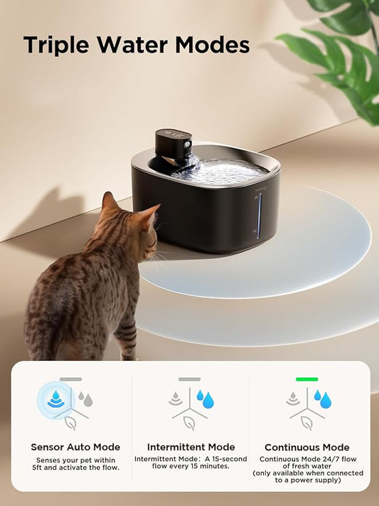 Wireless Cat Water Fountain Battery Operated, 4L/135 fl oz Pet Water Fountain for Cats and Dogs with Motion Sensor, Ultra Quiet Cat Drinking Fountain with 2 Filters (Black YPD-C004P)