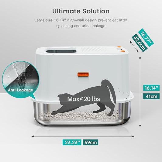 XL Stainless Steel Cat Litter Box Top Entry Extra Large Metal Litter Box with High Side for Big Cats, Multiple Cats, No Odor, Easy to Clean, Anti-Urine Leakage, Dog-Proof, Non-Sticky(Grey)