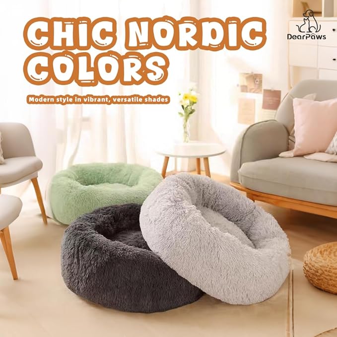 Comfy Dog Bed Large Size Dog - Donut Washable Large Pet Bed, 39 inches Anti-Slip Round Fluffy Plush Faux Fur Cat Bed, Fits up to 120 lbs Pets (Light Grey)