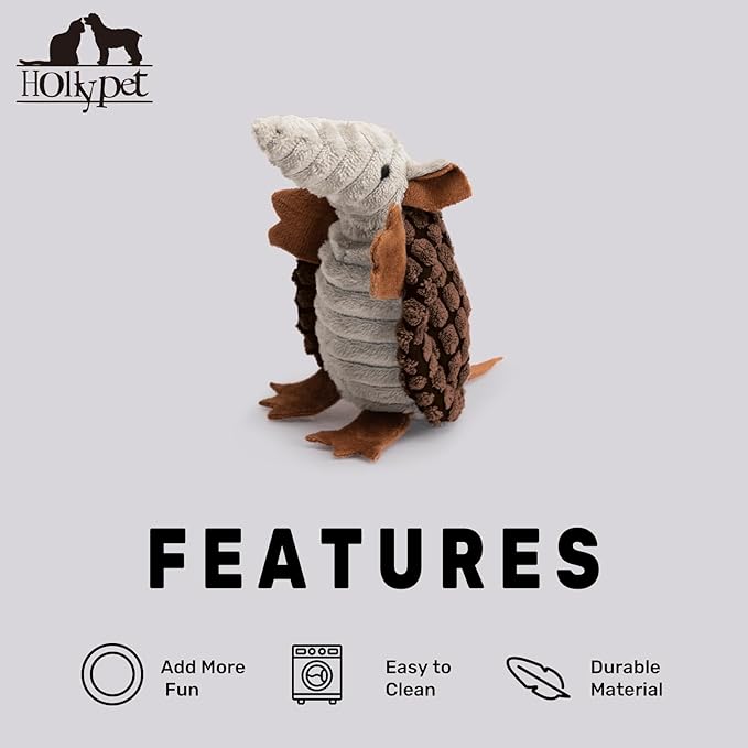 Hollypet Plush Dog Squeaky Toy Stuffed Armadillo Animal Pet Puppy Chew Toys with Clean Teeth for Small Medium Large All Breed Sizes Dogs, Brown, 6 in
