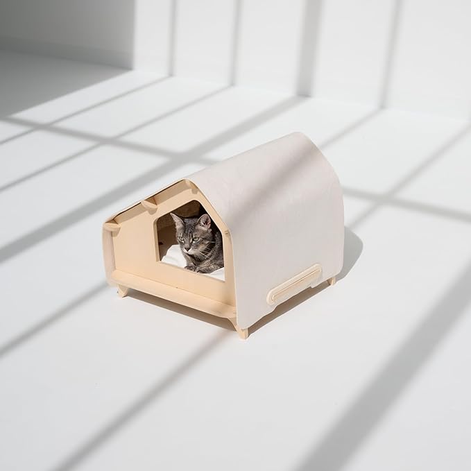 RAWRY Cat House – Covered Indoor Pet Bed with Cushion & Scratcher | Wood Cat Scratcher House for Cats, Kittens, Small Dogs