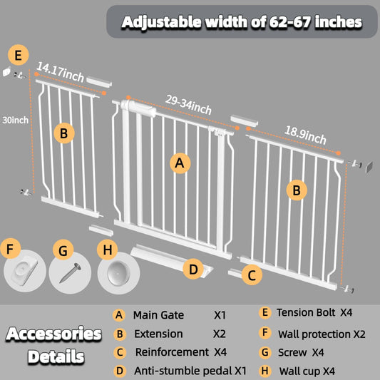 TSAYAWA Walk Through Baby Gate with Door, 62-67 Inch Wide Presure Mounted No Drill Metal Auto Close Child Gate for Stair Doorway - Indoor Outdoor Safty Gate for Toddler Dog Doggie, White
