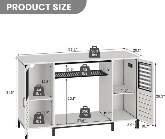 EAG 55-75 Gallon Fish Tank Stand with Power Outlets & LED Light, Heavy Duty Aquarium Stand with Adjustable Shelves, Turtle Reptile Terrarium Tank Stand with Cabinet, 1250LBS Capacity, White
