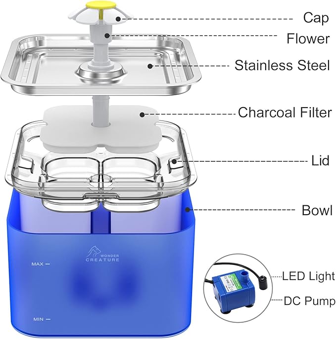 Crystal Cat Water Fountain Stainless Steel with 4 Filters and 4 Sponges, 101oz/3L Pet Fountain with LED Light for Cats and Dogs (Blue)