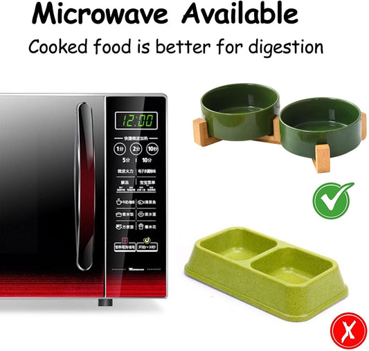 Petygooing Dog Bowls,Ceramic Cat Dog Bowl Set with Wood Stand for Food and Water,Non-Slip Cute Modern Pet Dish for Cats and Small Size Dogs (13.5OZ/5.1 in) Rust Green