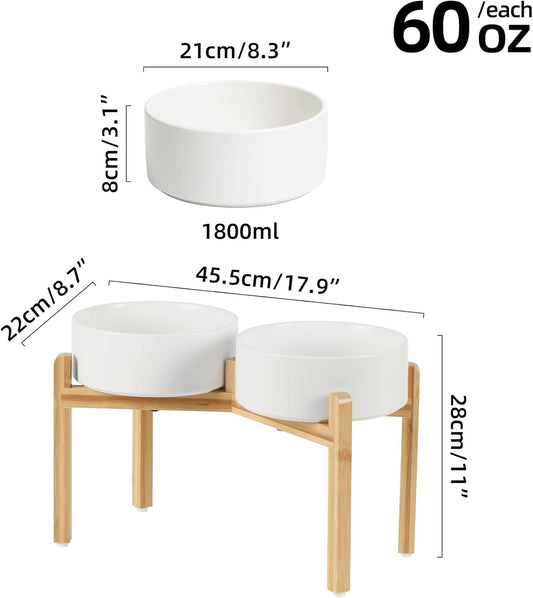 Ceramic Raised Double Bowls Set with Stand, Food & Water Bowls for Large Breed Dogs, Weighted Dog Dishes, Pet Bowl(8.2'',60OZ, White)