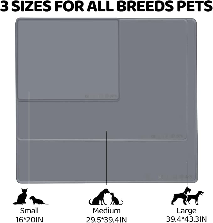 KVK Extra Extra Large Silicone Dog Food Mat 39.4×43.3in and 128oz Silicone Bag Set, Super Size Waterproof Pet Feeding Mat & Container, Non-Slip, Chew-Resistant Floor Protection (Taupe&Orange)