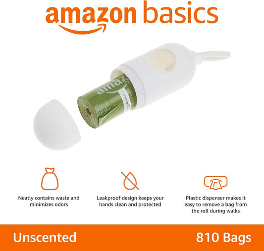 Amazon Basics Leak Proof Dog Poop Bags with Dispenser and Leash Clip, Unscented, 13 x 9 Inches - 810 Count (15 Bags per Roll, 54 Rolls)