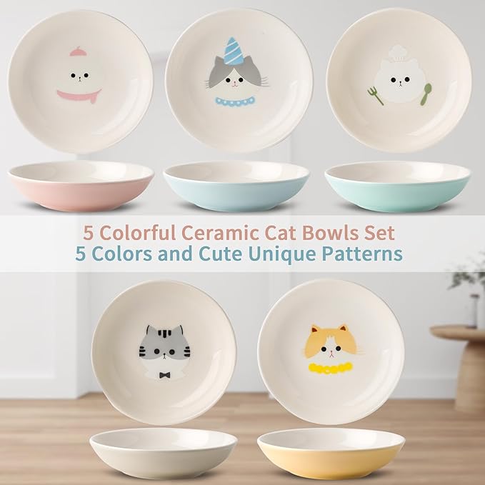 Ceramic Cat Bowls Set - 5.5 inch Wide Cat Food Bowls Whisker Fatigue Friendly, 5 Colorful Kitten Dish Plates with Cute Pattern for Wet and Dry Food Water