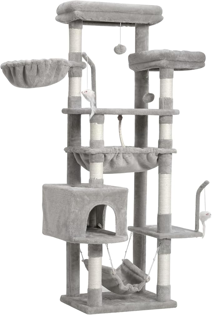 Cat Tree, Cat Tower for Large Cats with 2 Big Platforms, 2 Baskets, condo and Toys, 63" Cat Scratching Posts for Indoor Cats, Light Gray GCT020W