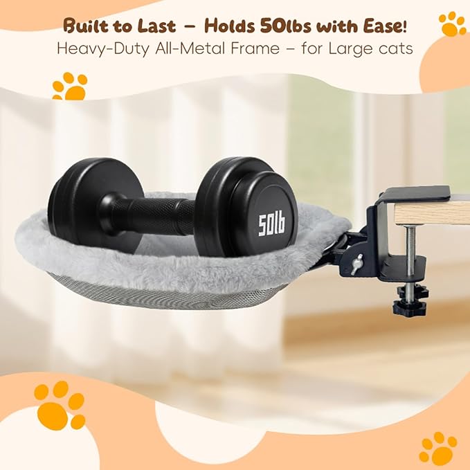 L&W BROS.Cat Desk Bed – Supports Up to 50 lbs, Removable Machine-Washable Plush Cover, Comfortable Cat Perch for Indoor, Space-Saving Foldable Design for Home Office, Gaming Desks