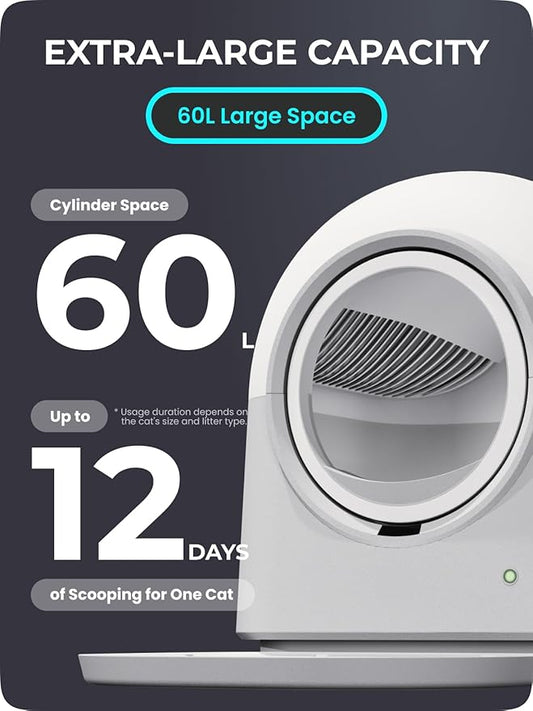 Self-Cleaning Litter Box Automatic Electronic Hands-Free Smart Robot self Cleaning Litter Box - Large 60L Capacity, Safe Anti-Pinch,with Deodorizer and Liner,for Multiple Cats (Grey Pro)