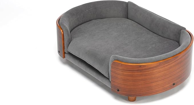 HomSof 30.7" Scandinavian Style Elevated Dog Bed Pet Sofa with Solid Wood Legs and Bent Wood Back,Velvet Cushion,Mid Size,Grey+Brown